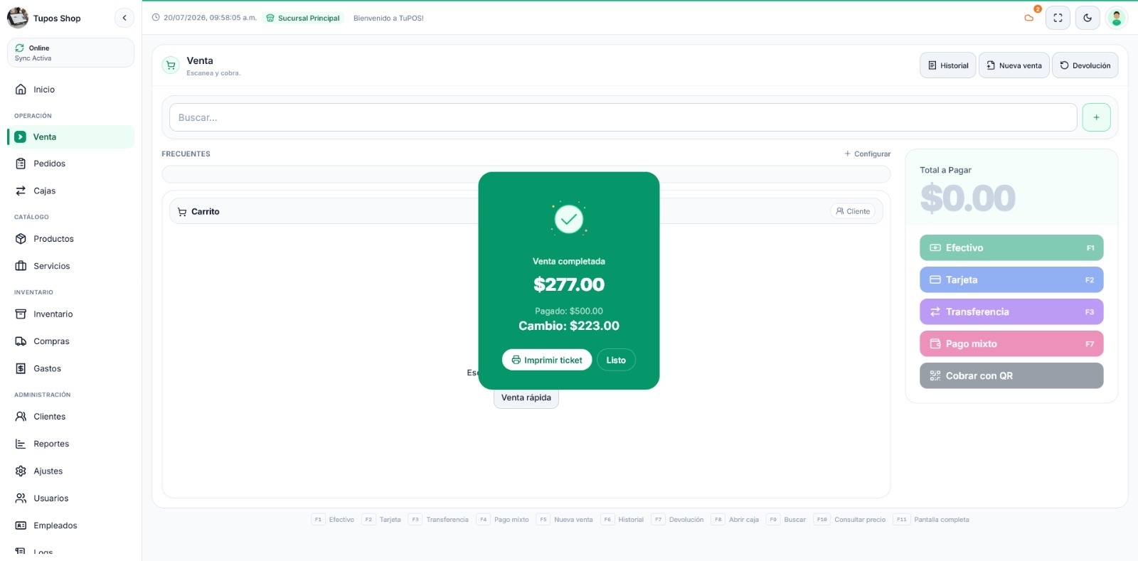 Venta completada en TuPOS con opci&oacute;n de imprimir ticket