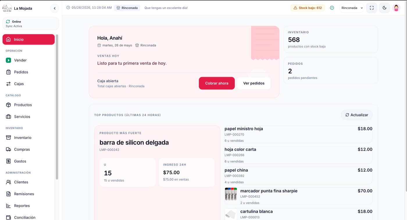 Pantalla de inicio mostrando 568 productos, 612 unidades en stock bajo y 2 pedidos pendientes