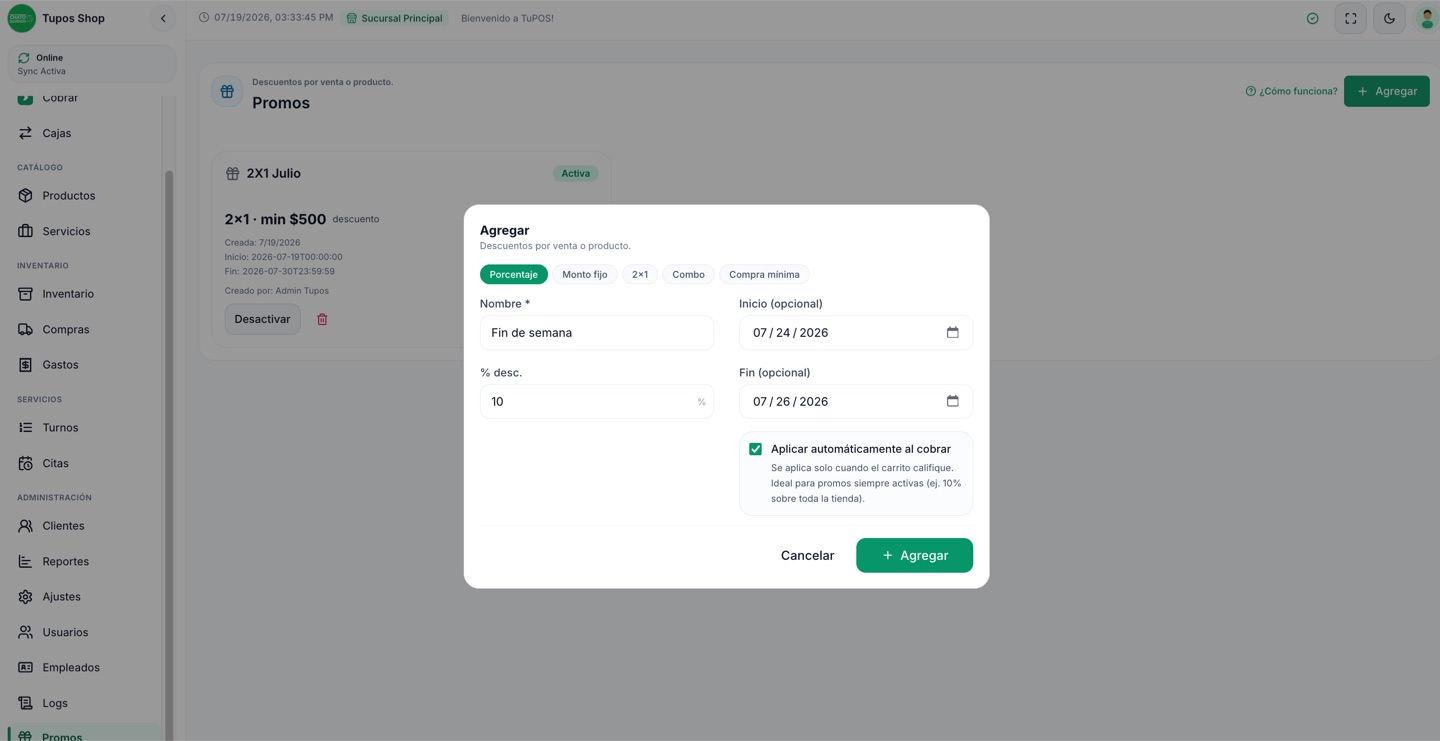 Pantalla de promociones y descuentos
