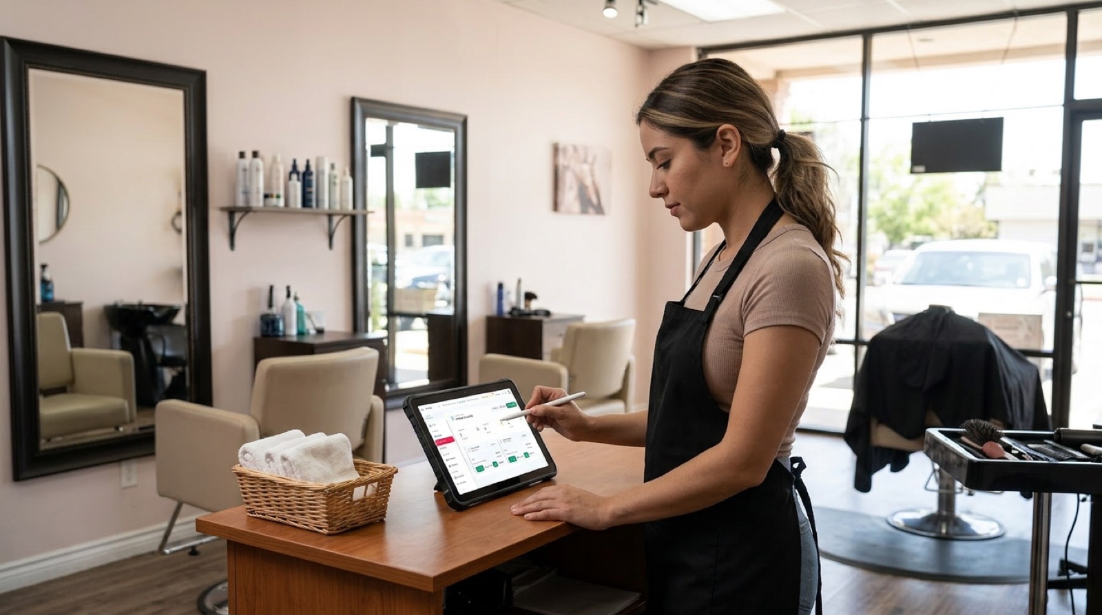 Estilista cobrando un servicio en su salón usando TuPOS en tablet sobre el counter