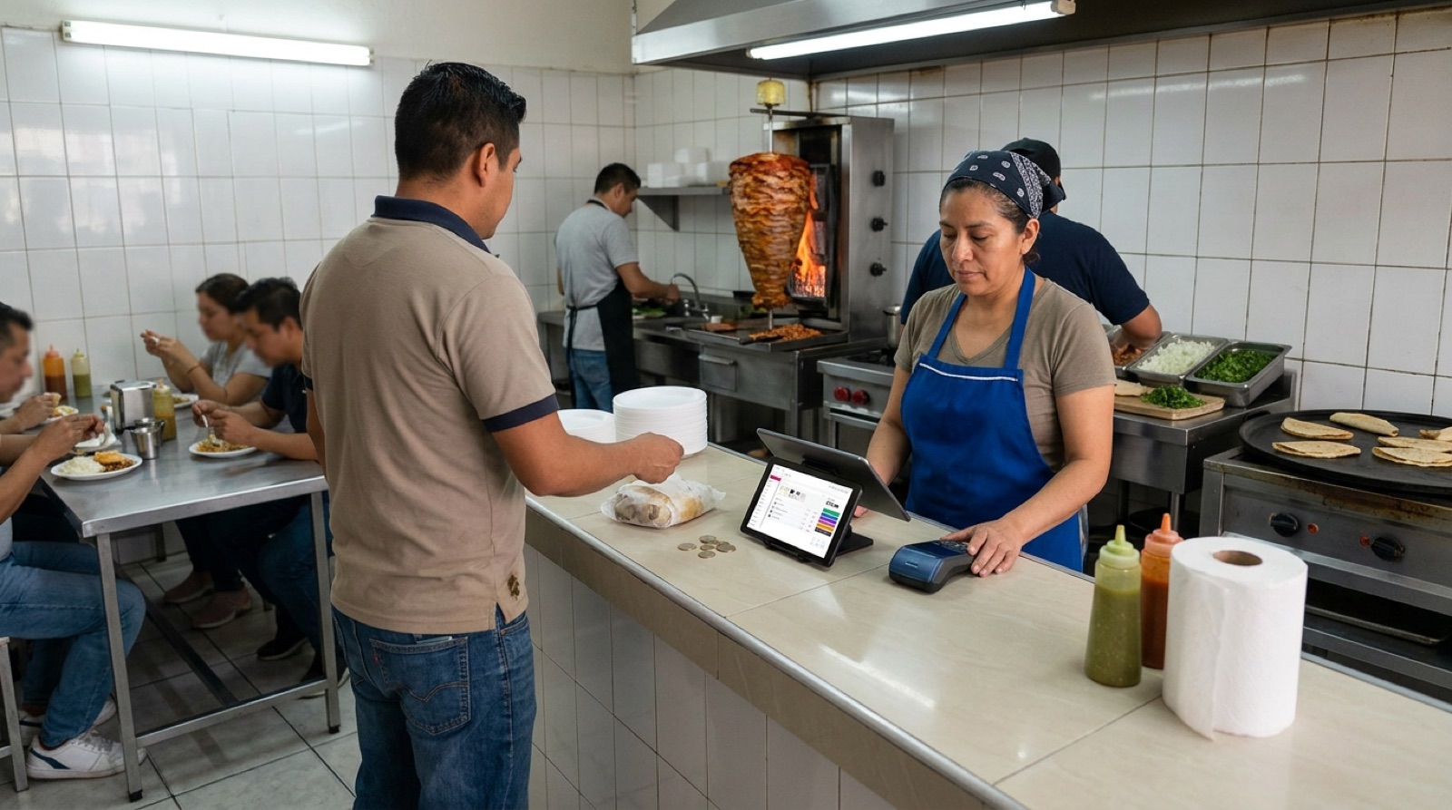 Due&ntilde;a de taquer&iacute;a operando TuPOS en el mostrador con trompo al pastor visible al fondo mientras atiende a un cliente