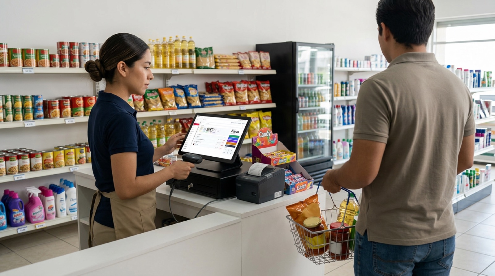 Due&ntilde;a de tienda de abarrotes operando TuPOS en la caja mientras atiende a un cliente con bolsas de productos