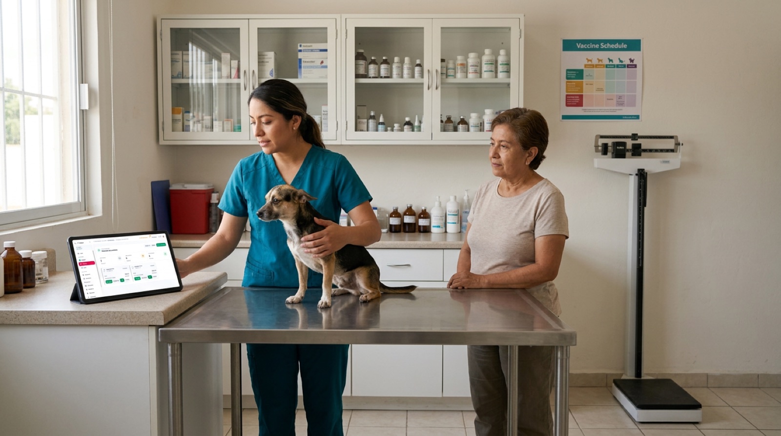 Veterinaria atendiendo a un perro con TuPOS abierto en una tablet sobre la mesa de exploración