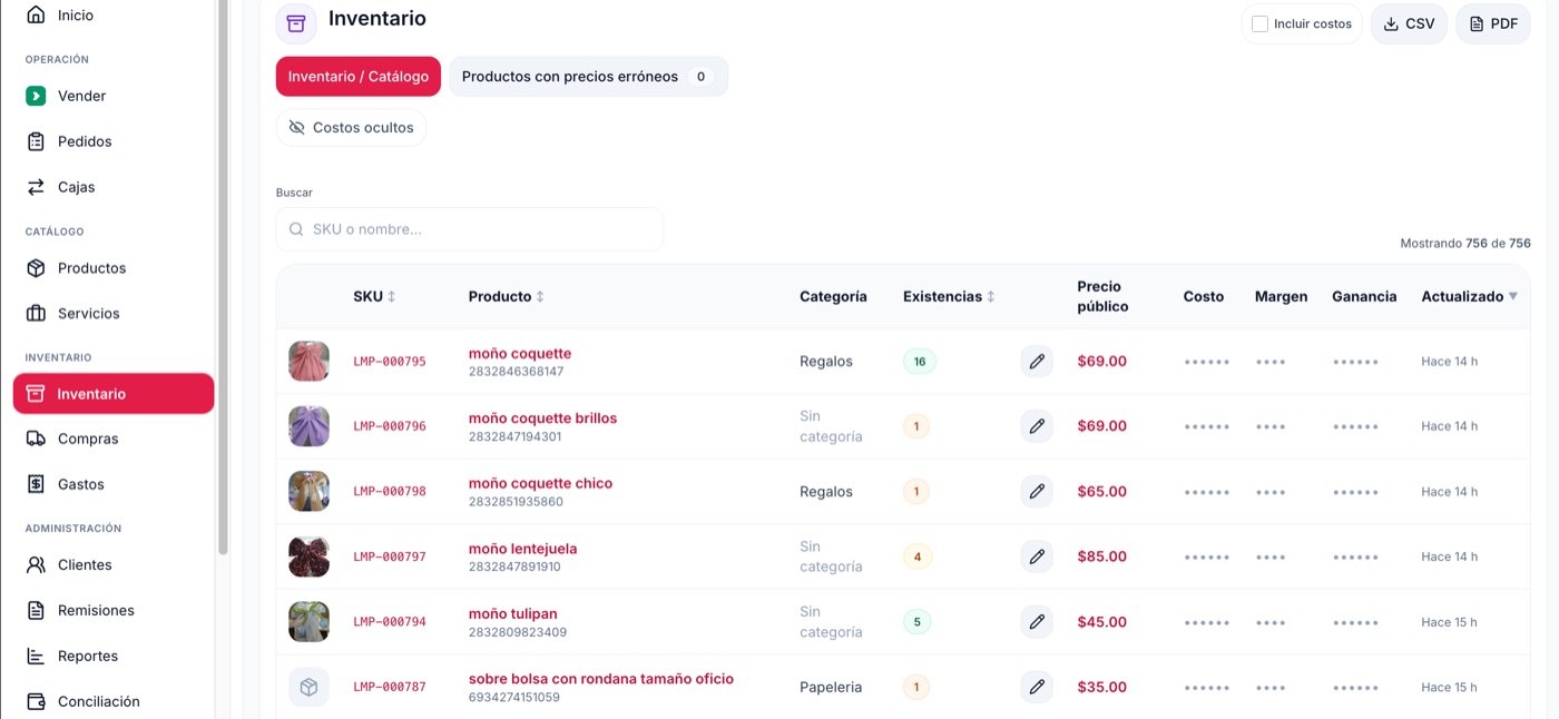 Inventario con 756 productos: SKU, existencias, costo, margen y ganancia
